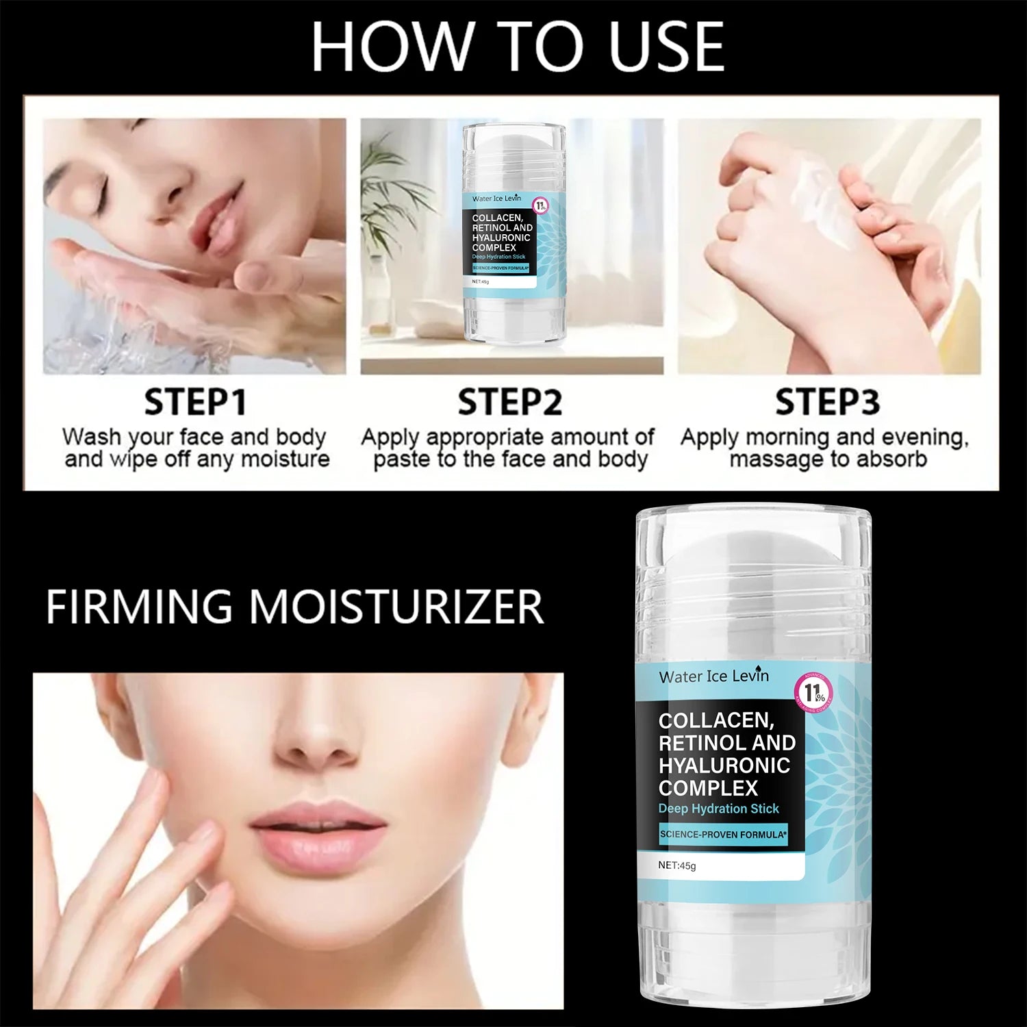 Retinol Collagen Facial Care Stick, Tightens Facial and Neck Skin, Suitable for Both Men and Women, Moisturizing, Refreshing, Easy to Absorb, Elastic and Translucent, Locks in Moisture, Long-Lasting Hydration