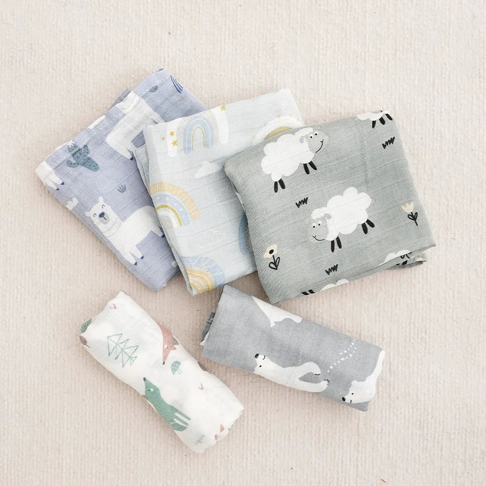 Kangobaby #My Soft Life# New 5pcs Pack Multi-Functional Bamboo Cotton Newborn Muslin Bib Antibacterial Baby Burp Cloth Set