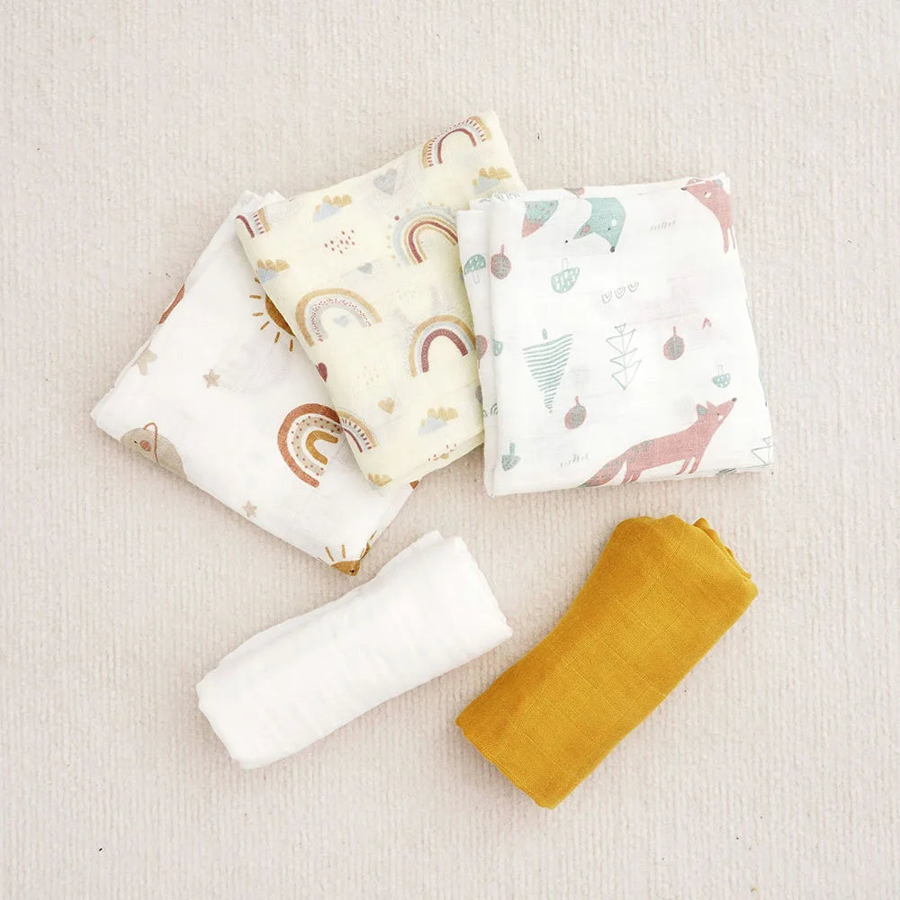Kangobaby #My Soft Life# New 5pcs Pack Multi-Functional Bamboo Cotton Newborn Muslin Bib Antibacterial Baby Burp Cloth Set