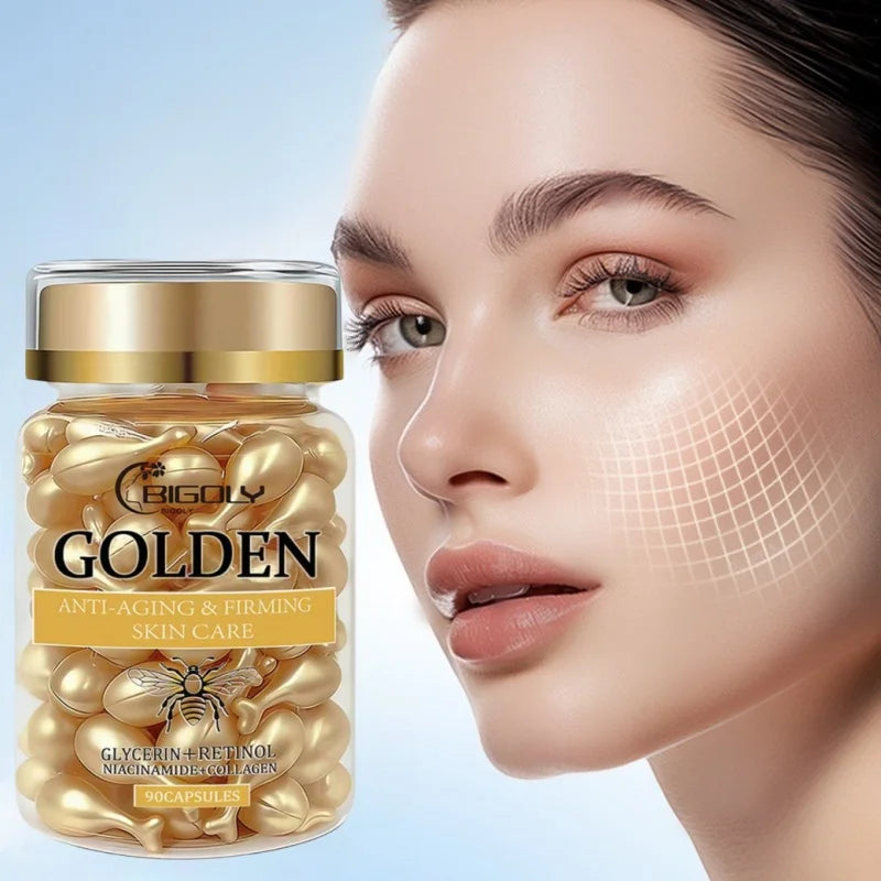 Golden Skin Care Essence Capsules, Glycerin, Retinol, Collagen Firming Skincare, Non-Sticky