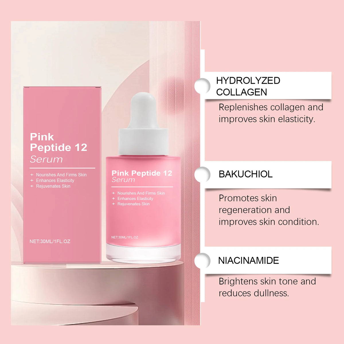 Pink Peptide 12 Facial Serum Niacinamide Hydration Firm-Looking Skin Uneven Tone Care Glass Skin Korean - princesszohal