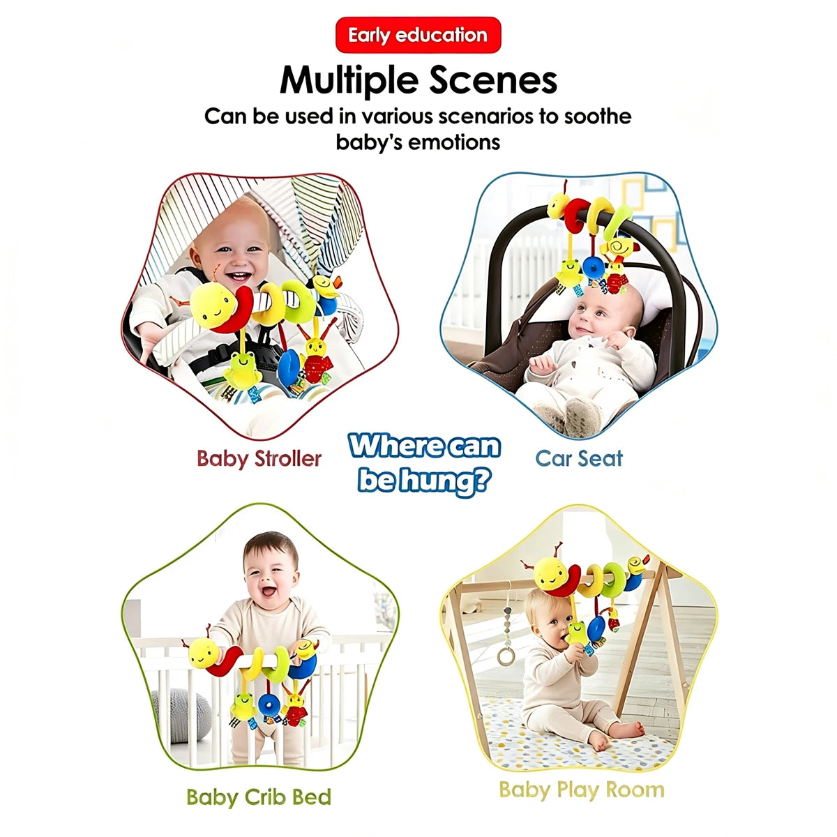 0-6Months Colorful Label Bed for Infants and Baby, Hanging Baby Comfort Toys Around the Bed, Car Safety Seat  Early Learning Toy
