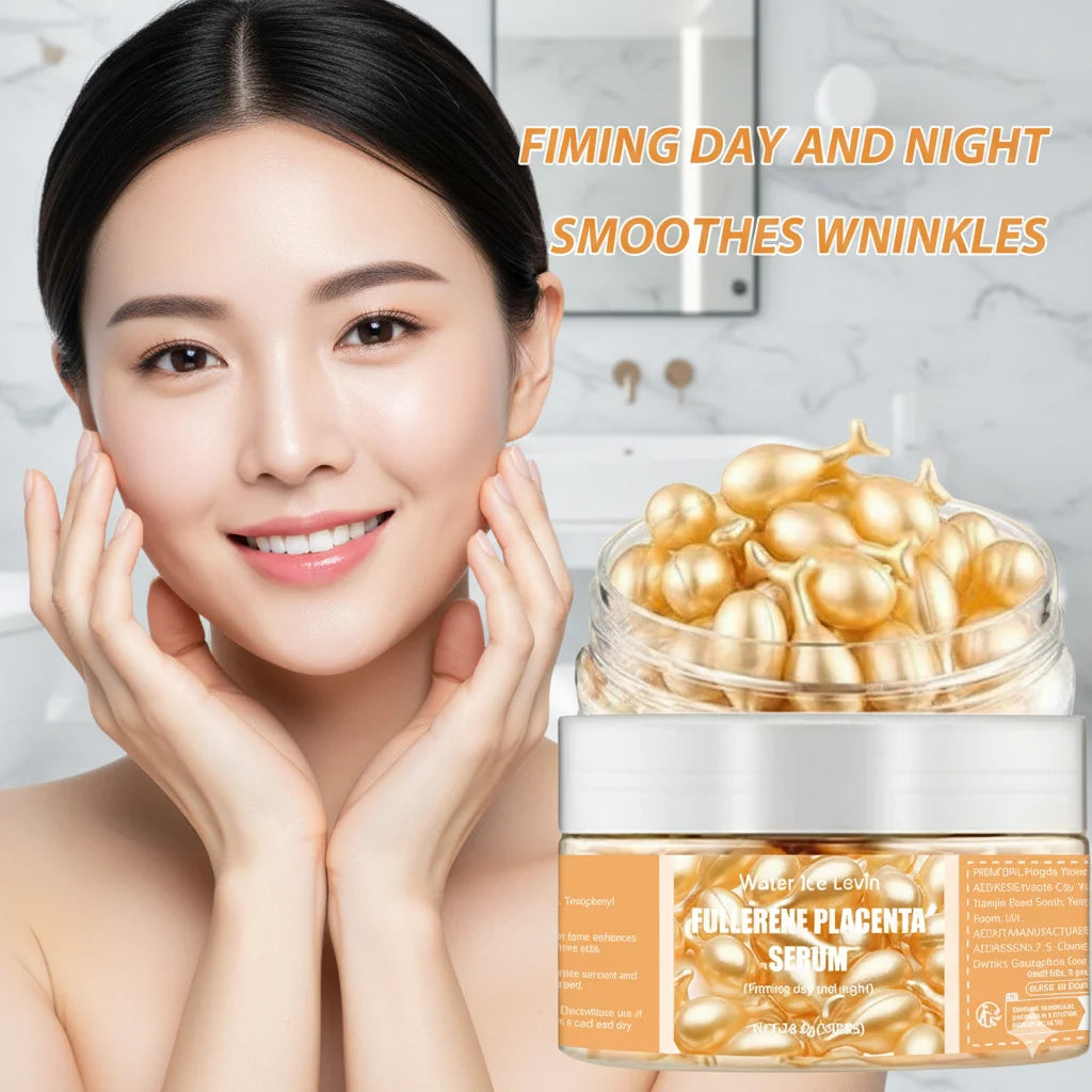 Fullerene Placenta Serum. With Elastin Vitamin E Glycerin. Firming Anti-Wrinkle Anti-Aging. Day Night Use Formula. 50 Pieces.