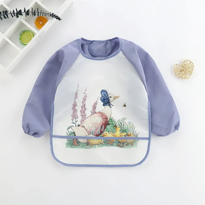 Cute Cartoon Baby Bibs Waterproof Infant Eating Bib with Pocket Children Drawing Long Sleeve Apron Kids Burp Cloth Baby Stuff