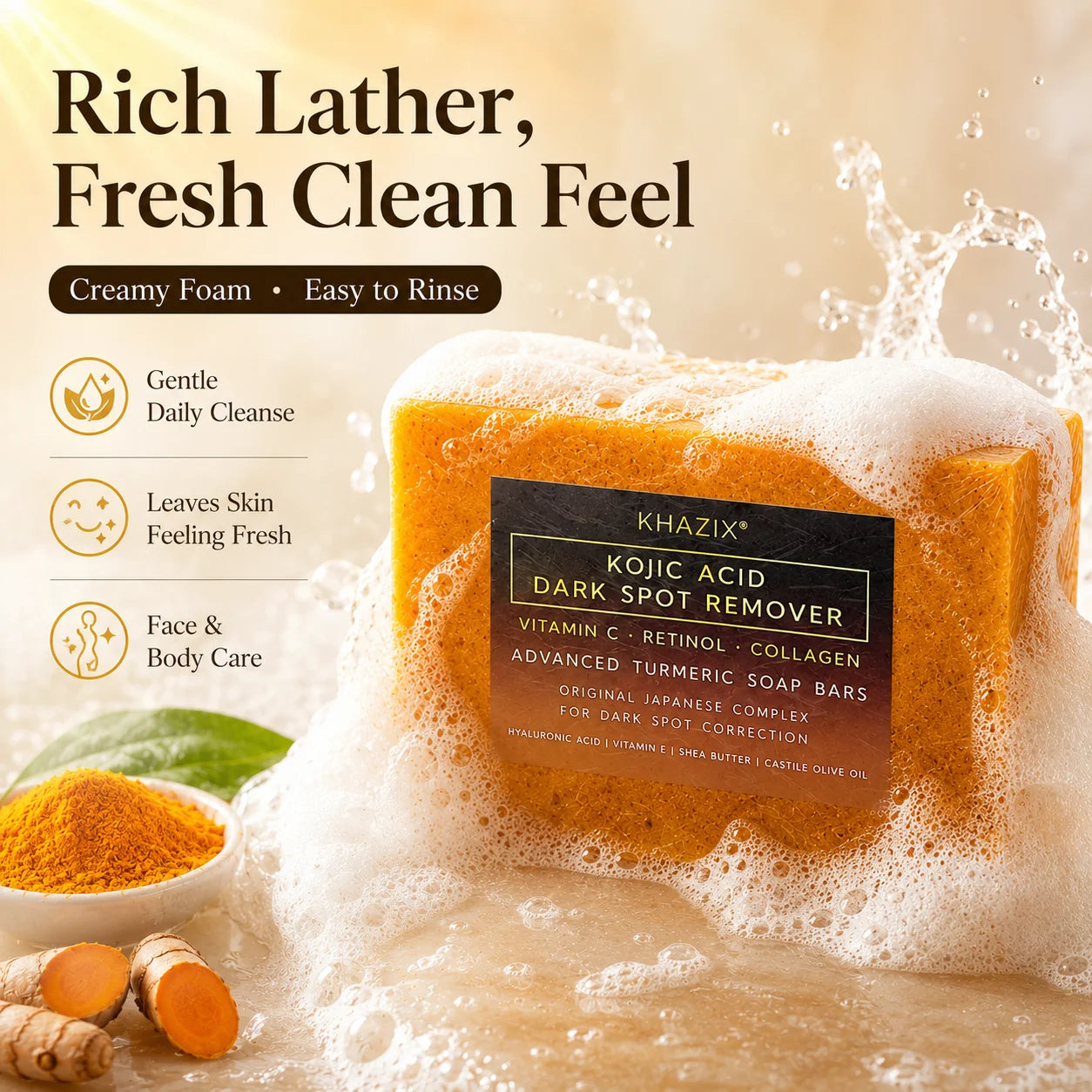 Turmeric Kojic Acid Face & Body Soap, Gentle Cleansing with Shea Butter, Retinol and Vitamin E