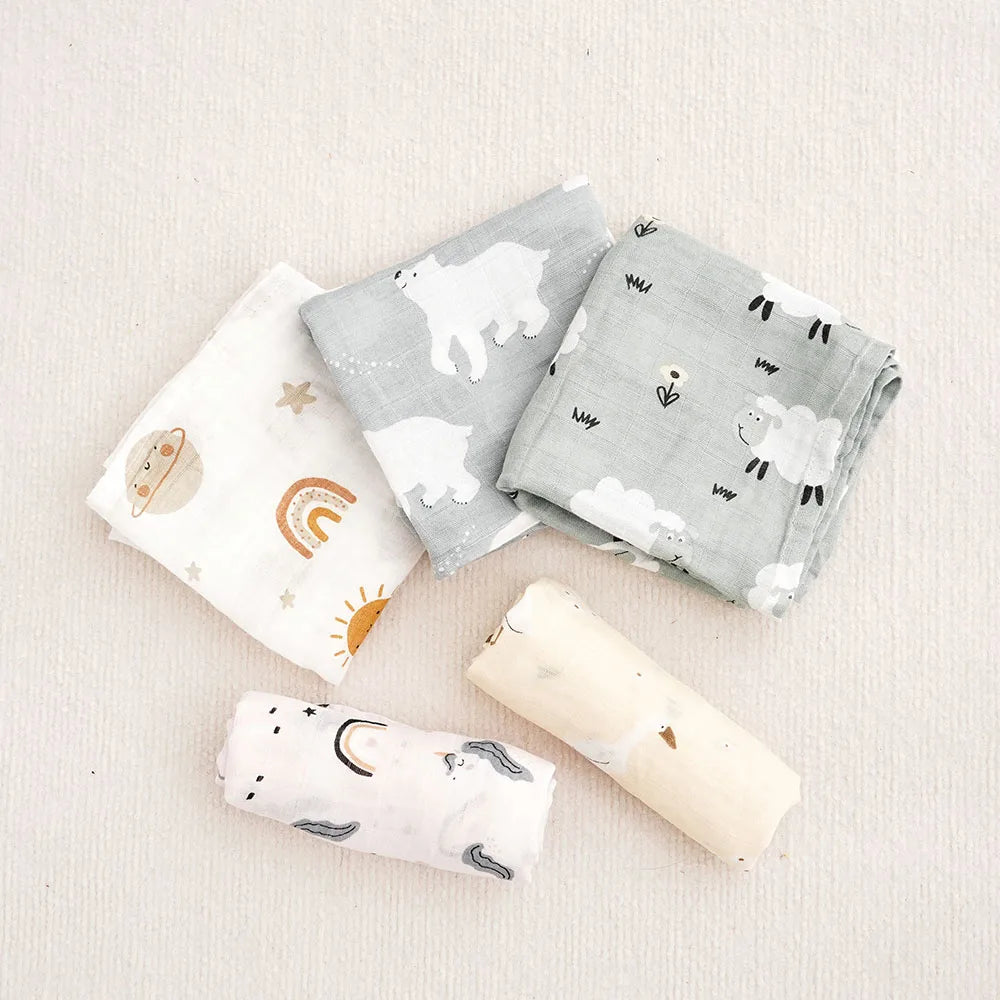 Kangobaby #My Soft Life# New 5pcs Pack Multi-Functional Bamboo Cotton Newborn Muslin Bib Antibacterial Baby Burp Cloth Set