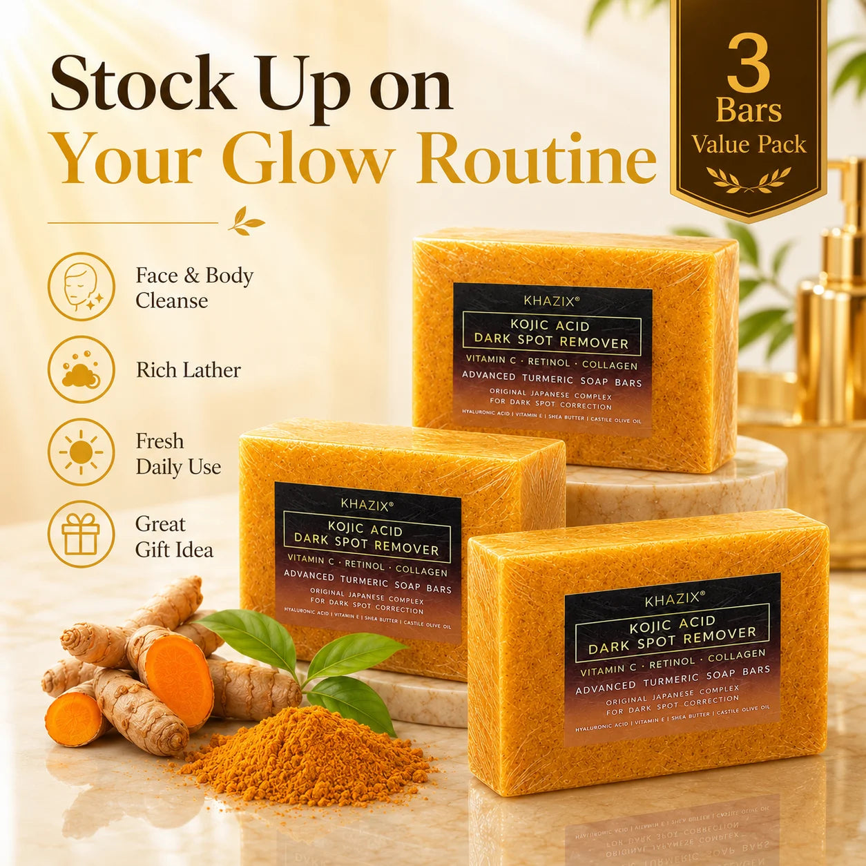 Turmeric Kojic Acid Face & Body Soap, Gentle Cleansing with Shea Butter, Retinol and Vitamin E