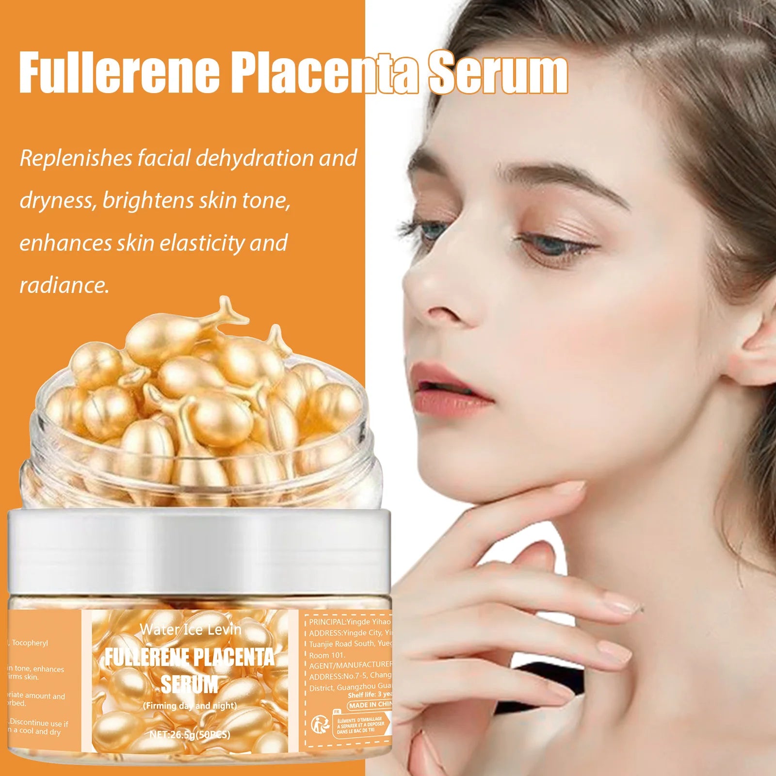 Fullerene Placenta Serum. With Elastin Vitamin E Glycerin. Firming Anti-Wrinkle Anti-Aging. Day Night Use Formula. 50 Pieces.