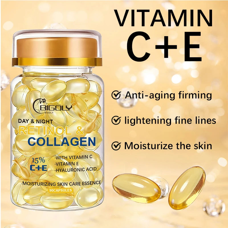 90 Capsules of Retinol + Collagen Facial Care Essence, Moisturizes and Firms the Skin, Makes the Face Look More Radiant and Younger, Allergy-Free Formula, Capsule Packaging, One Capsule at a Time, Convenient and Hygienic