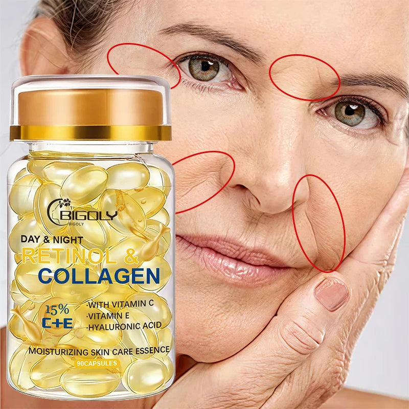 90 Capsules of Retinol + Collagen Facial Care Essence, Moisturizes and Firms the Skin, Makes the Face Look More Radiant and Younger, Allergy-Free Formula, Capsule Packaging, One Capsule at a Time, Convenient and Hygienic