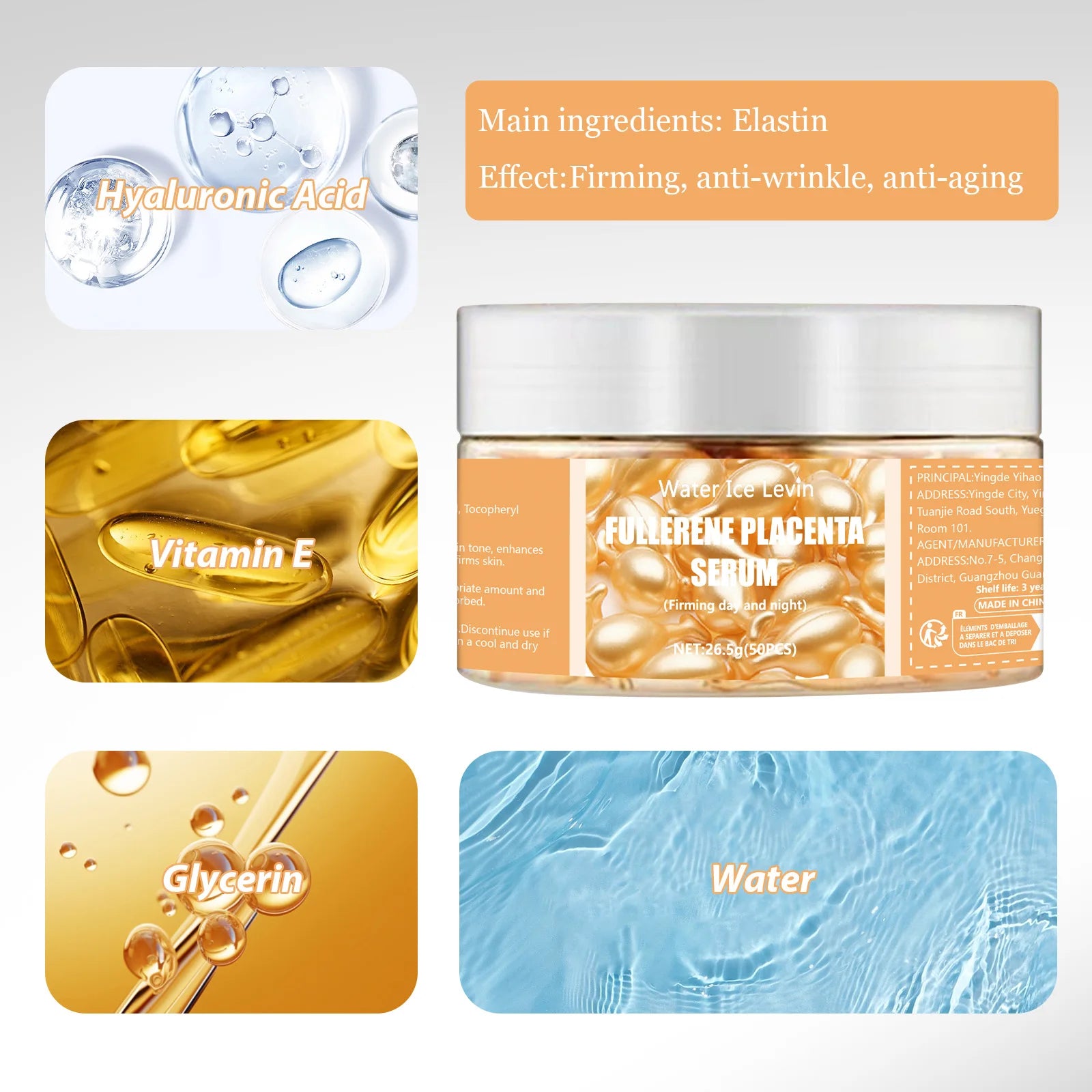 Fullerene Placenta Serum. With Elastin Vitamin E Glycerin. Firming Anti-Wrinkle Anti-Aging. Day Night Use Formula. 50 Pieces.