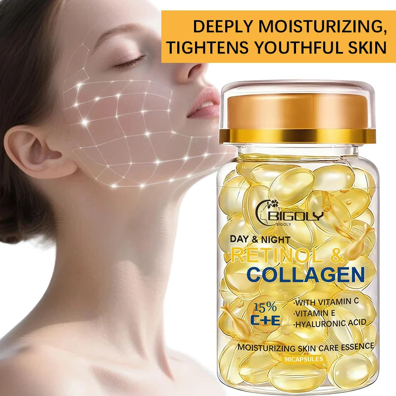 90 Capsules of Retinol + Collagen Facial Care Essence, Moisturizes and Firms the Skin, Makes the Face Look More Radiant and Younger, Allergy-Free Formula, Capsule Packaging, One Capsule at a Time, Convenient and Hygienic